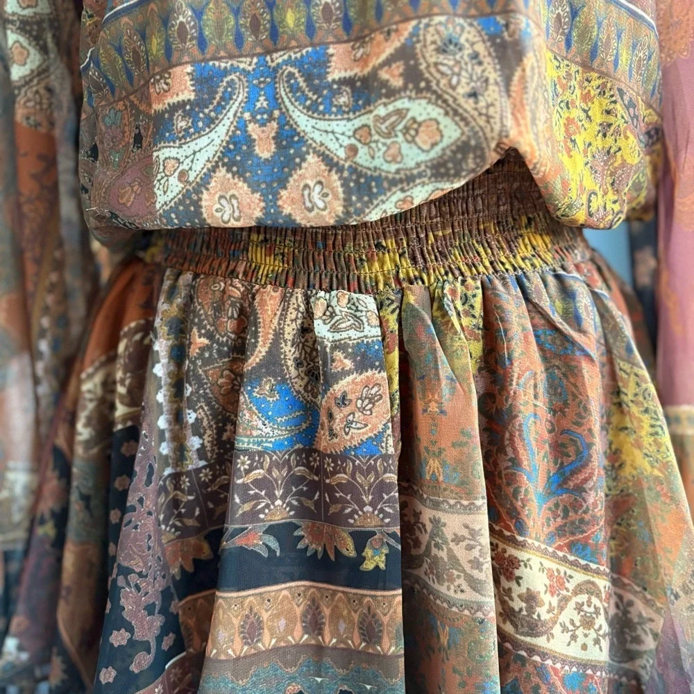 NWT Bluivy Multicolored Patchwork Paisley Long Sleeve Short Romper Smocked Waist - Picture 10 of 17